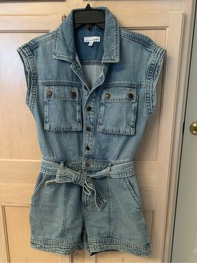 LOFT Light Blue Sleeveless Denim Romper with Tie Waist